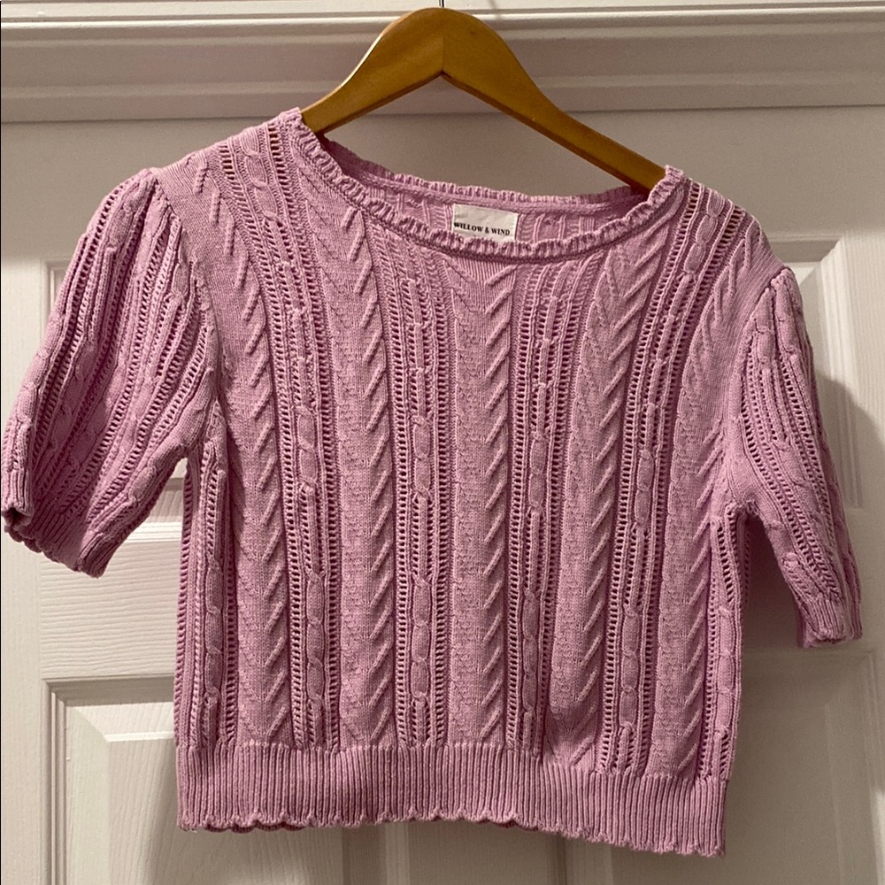 Pink Cable Knit Crew Neck Sweater with Puff Sleeves. Cropped